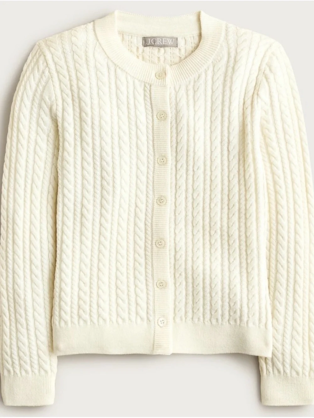 NWT$128 J. Crew Cable Knit Crewneck Cardigan, Merino Wool, Ivory Lace, S, Small